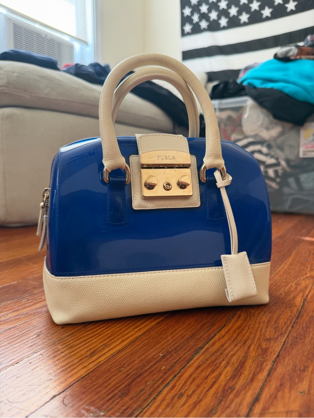 Furla Blue Patent and Cream Leather Satchel